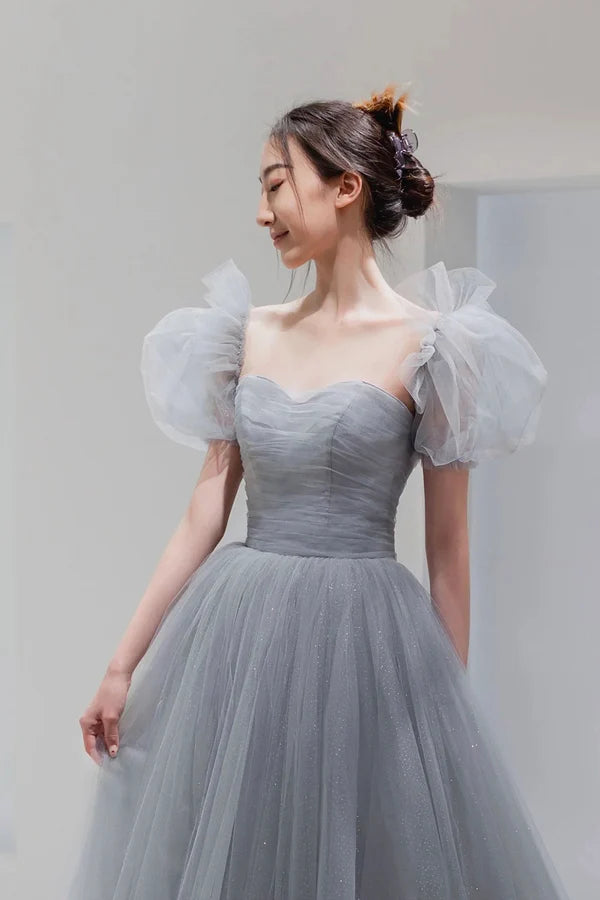 Wholesale Gray Tulle Floor Length A-Line Prom Dress Lovely Puff Sleeve Evening Party Dress